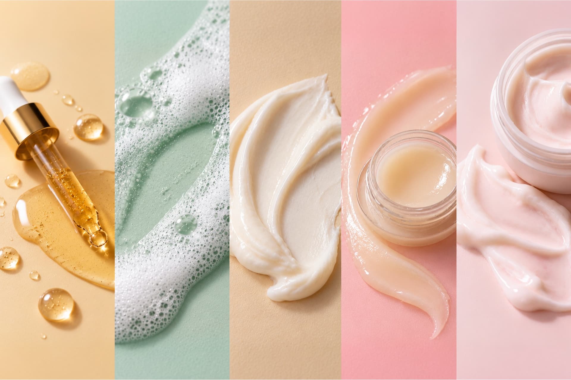 Five product textures — serum, foaming cleanser, cream, balm and moisturiser