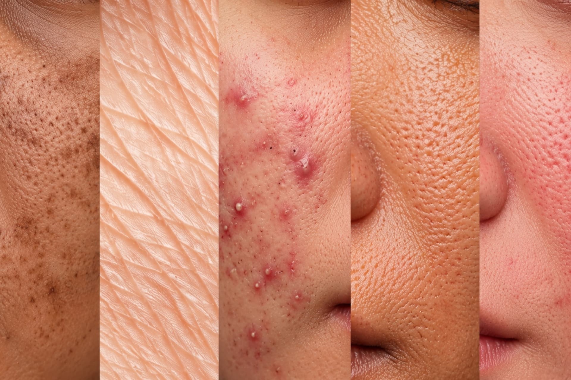 Five close-ups of skin concerns — pigmentation, dryness, acne, open pores and redness