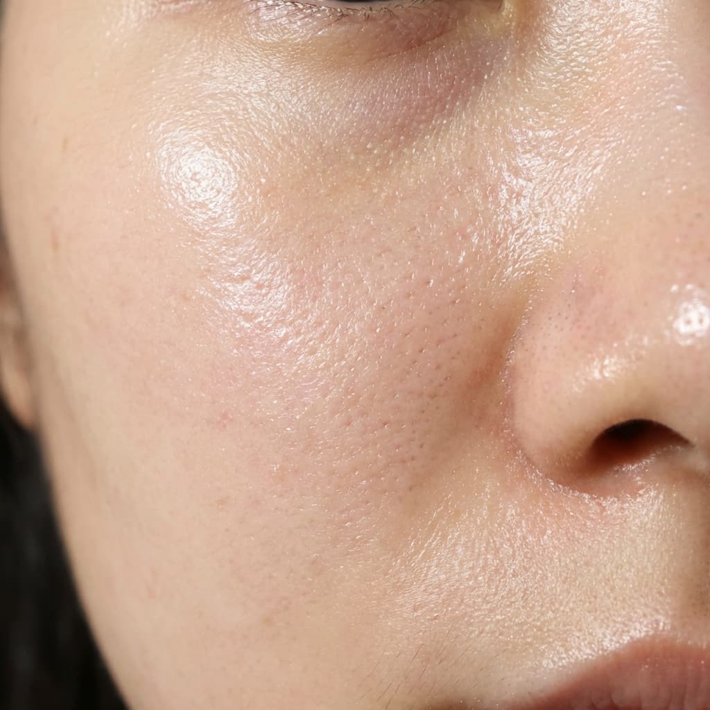 Skin showing oiliness & enlarged pores